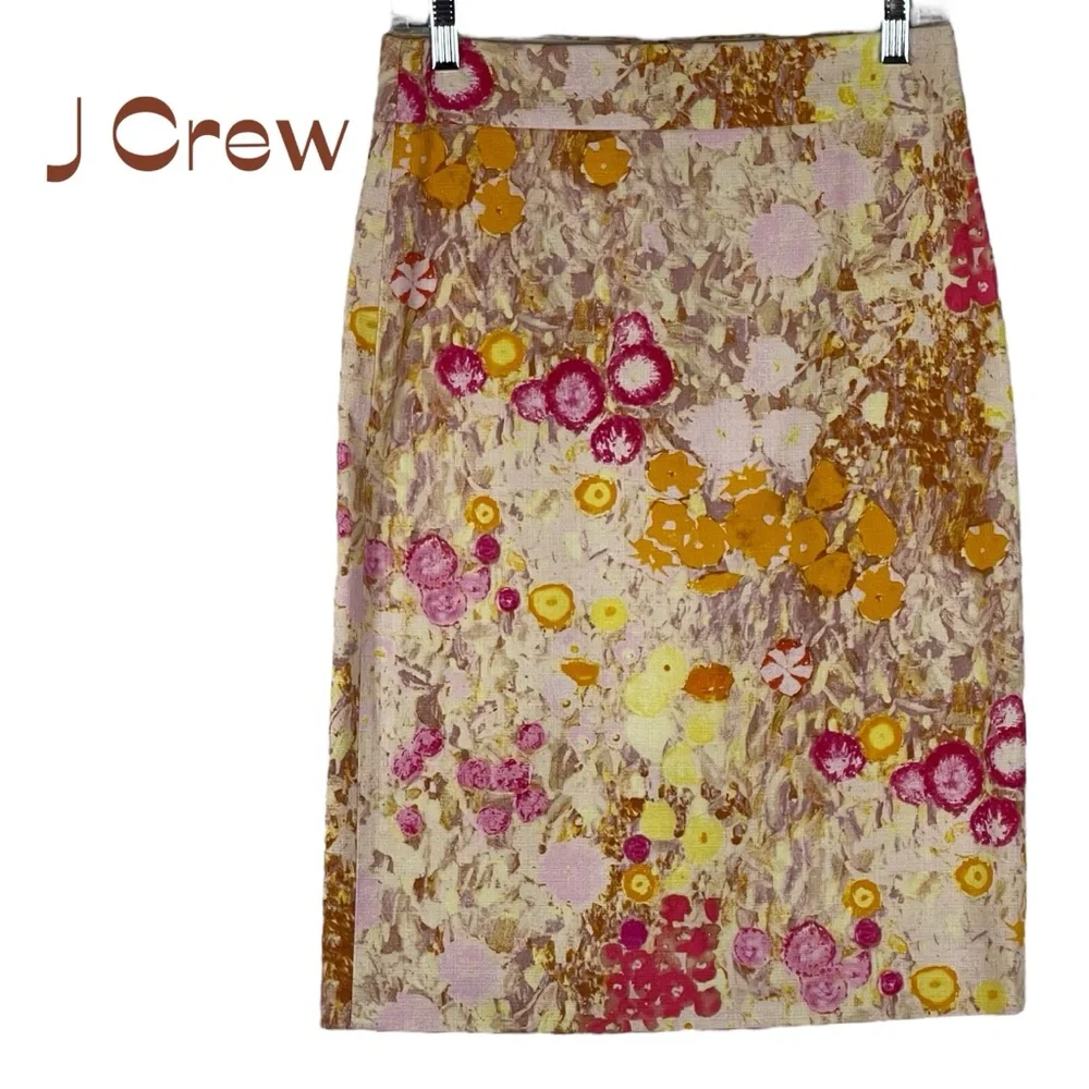 J Crew Yellow Mustard Pink Floral Pencil Skirt Size 2